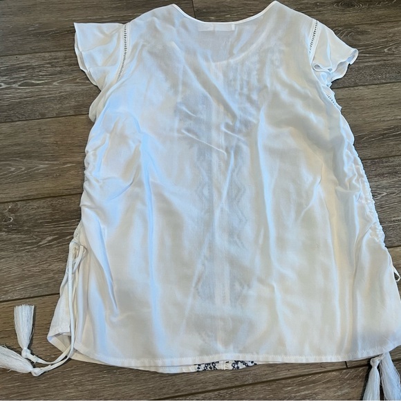 White Ruffle Scrunch Side Tie Tank Blouse Top Embroidered - Picture 4 of 5
